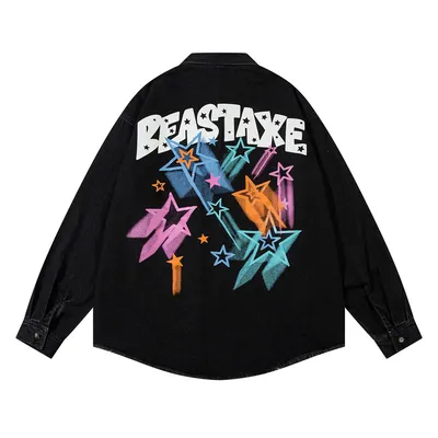 Design Five-pointed Star Graffiti Printing Denim Shirt
