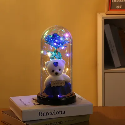 Rose Bear Preserved Fresh Flower Glass Cover Valentine's Day LED Light Decoration Gift