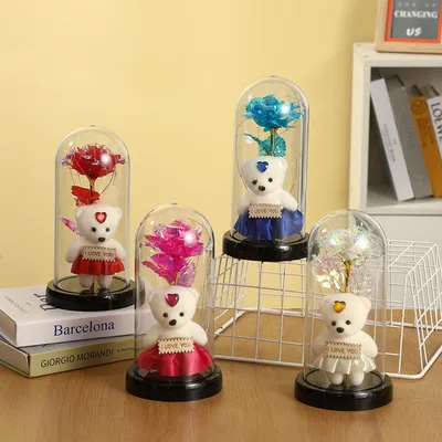 Rose Bear Preserved Fresh Flower Glass Cover Valentine's Day LED Light Decoration Gift
