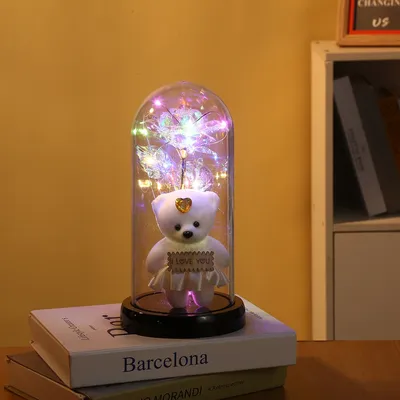 Rose Bear Preserved Fresh Flower Glass Cover Valentine's Day LED Light Decoration Gift