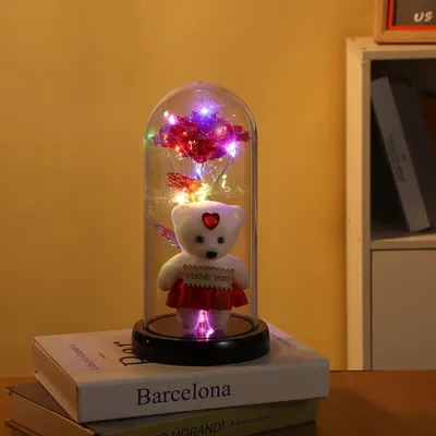 Rose Bear Preserved Fresh Flower Glass Cover Valentine's Day LED Light Decoration Gift