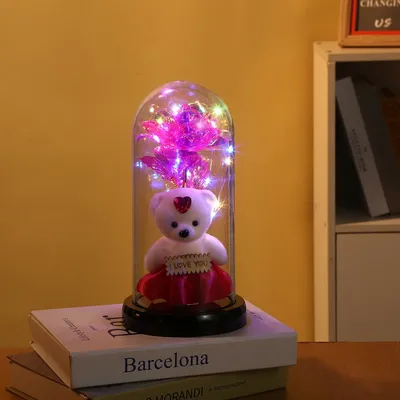 Rose Bear Preserved Fresh Flower Glass Cover Valentine's Day LED Light Decoration Gift