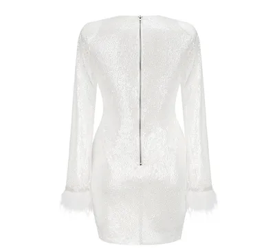 Women's Sequined Cuff Decorative Feather Skirt Slim Fit Irregular Dress Women