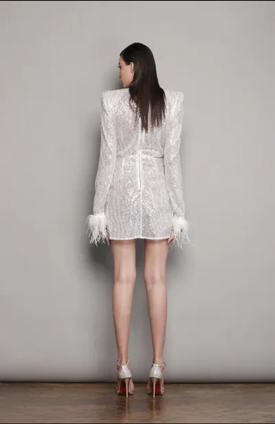 Women's Sequined Cuff Decorative Feather Skirt Slim Fit Irregular Dress Women