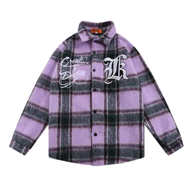 Embroidered Letter Color Matching Plaid Woolen Shirt