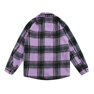 Embroidered Letter Color Matching Plaid Woolen Shirt
