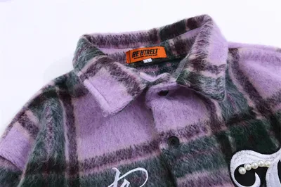 Embroidered Letter Color Matching Plaid Woolen Shirt