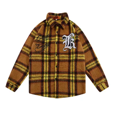 Embroidered Letter Color Matching Plaid Woolen Shirt