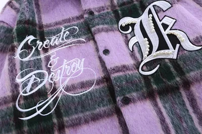 Embroidered Letter Color Matching Plaid Woolen Shirt