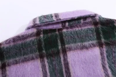Embroidered Letter Color Matching Plaid Woolen Shirt