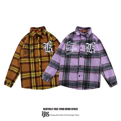 Embroidered Letter Color Matching Plaid Woolen Shirt