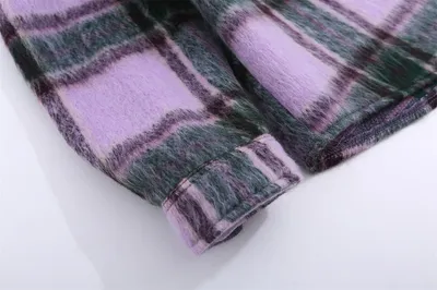 Embroidered Letter Color Matching Plaid Woolen Shirt