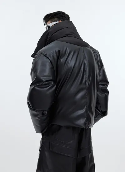 Double-layer Collar Design Cotton Coat Jacket Glossy PU Leather Stitching Thickening Cotton-padded Coat