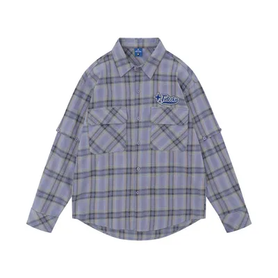 Plaid Long Sleeve Shirt Men's Sleeve Detachable Two-way Wear