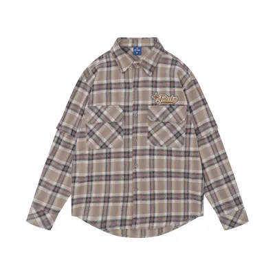 Plaid Long Sleeve Shirt Men's Sleeve Detachable Two-way Wear