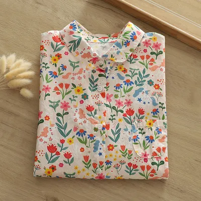 Autumn New Women's Clothing Printed Loose Lapel Long Sleeves Shirt