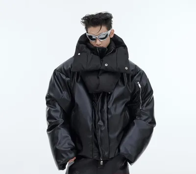 Double-layer Collar Design Cotton Coat Jacket Glossy PU Leather Stitching Thickening Cotton-padded Coat