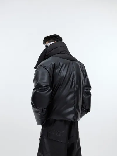 Double-layer Collar Design Cotton Coat Jacket Glossy PU Leather Stitching Thickening Cotton-padded Coat