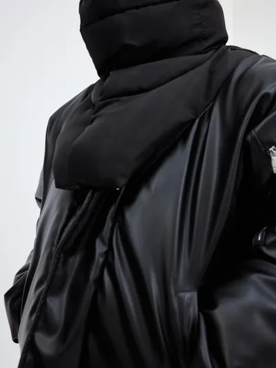 Double-layer Collar Design Cotton Coat Jacket Glossy PU Leather Stitching Thickening Cotton-padded Coat