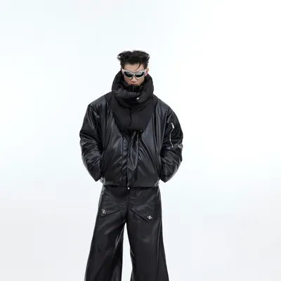 Double-layer Collar Design Cotton Coat Jacket Glossy PU Leather Stitching Thickening Cotton-padded Coat