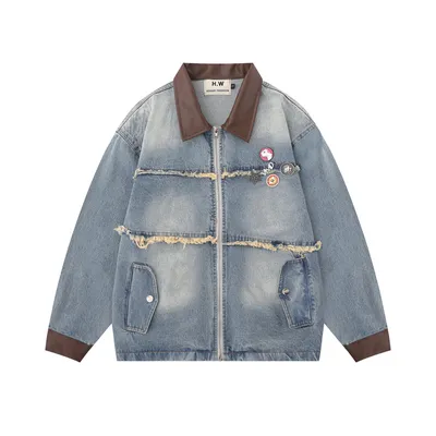 European And American Fashion Loose Contrast Color Lapels Washed And Worn Denim Jacket