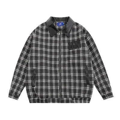 American Plaid Jacket Men's Baseball Uniforms Lapel PU Leather