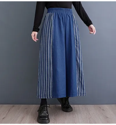 Autumn Clothing Casual Patchwork Striped Denim Fashionable Wide Leg Pants