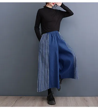 Autumn Clothing Casual Patchwork Striped Denim Fashionable Wide Leg Pants