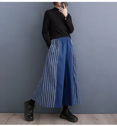Autumn Clothing Casual Patchwork Striped Denim Fashionable Wide Leg Pants