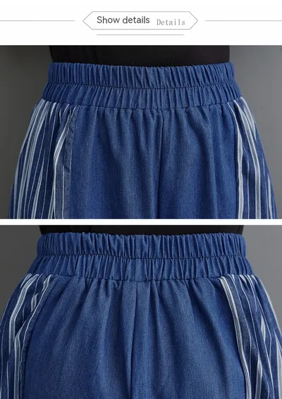 Autumn Clothing Casual Patchwork Striped Denim Fashionable Wide Leg Pants