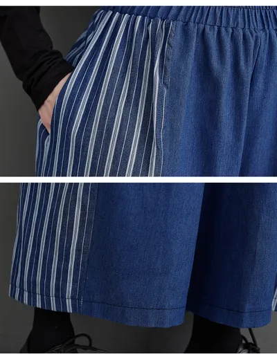 Autumn Clothing Casual Patchwork Striped Denim Fashionable Wide Leg Pants