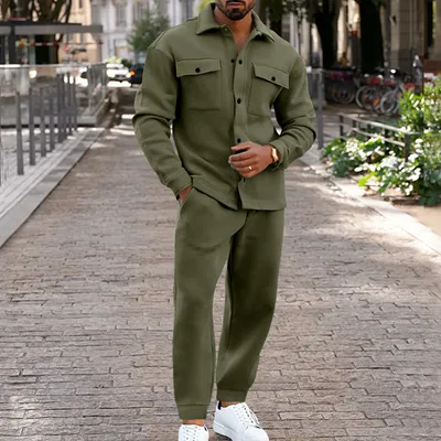 Suede Single-breasted Solid Color Slim Fit Two-piece Suit Men