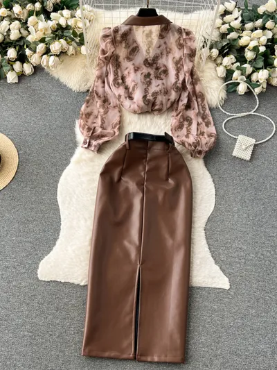Suit Collar Floral Chiffon Shirt High Waist Tight PU Leather Half-body Skirt Set
