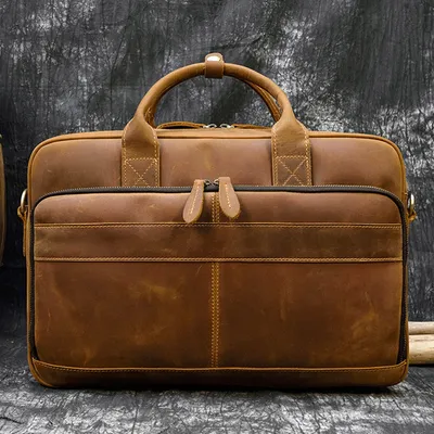 Men's Leather Briefcase Three-compartment Large Capacity Business Handheld Cowhide 17-inch Commuter Computer Bag