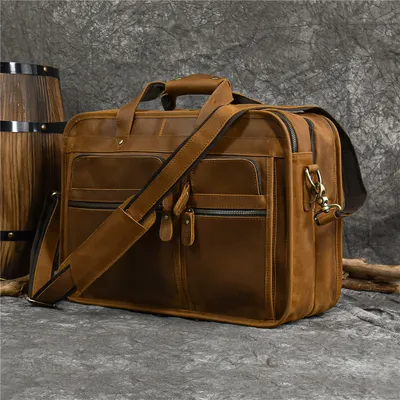 Men's Leather Briefcase Three-compartment Large Capacity Business Handheld Cowhide 17-inch Commuter Computer Bag