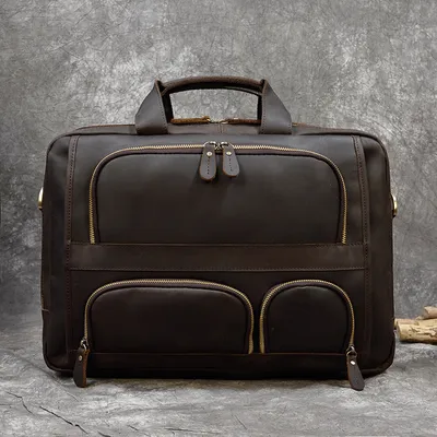 Men's Leather Briefcase Three-compartment Large Capacity Business Handheld Cowhide 17-inch Commuter Computer Bag