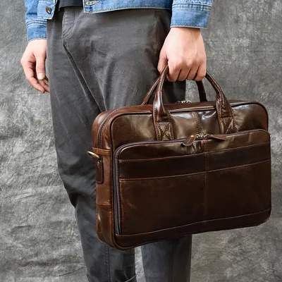 Men's Leather Briefcase Three-compartment Large Capacity Business Handheld Cowhide 17-inch Commuter Computer Bag