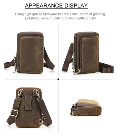 Casual Retro Crazy Horse Men's First Layer Cowhide Small One Shoulder Crossbody Phone Bag