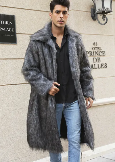 European And American Fall Winter Men Long Imitation Fur Coat Popular Men's Imitation Fox Fur Warm Coat