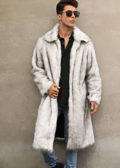 European And American Fall Winter Men Long Imitation Fur Coat Popular Men's Imitation Fox Fur Warm Coat