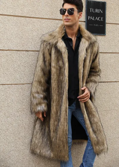 European And American Fall Winter Men Long Imitation Fur Coat Popular Men's Imitation Fox Fur Warm Coat