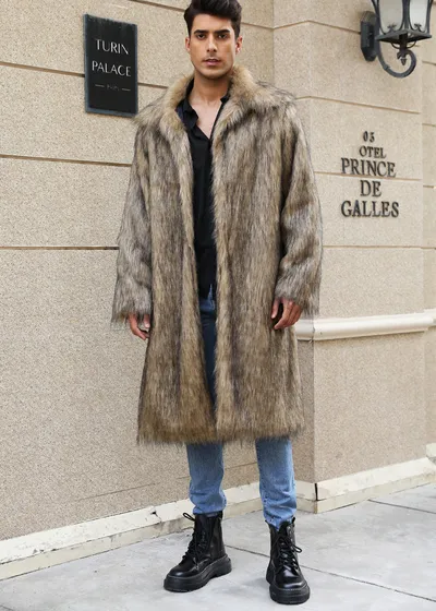 European And American Fall Winter Men Long Imitation Fur Coat Popular Men's Imitation Fox Fur Warm Coat