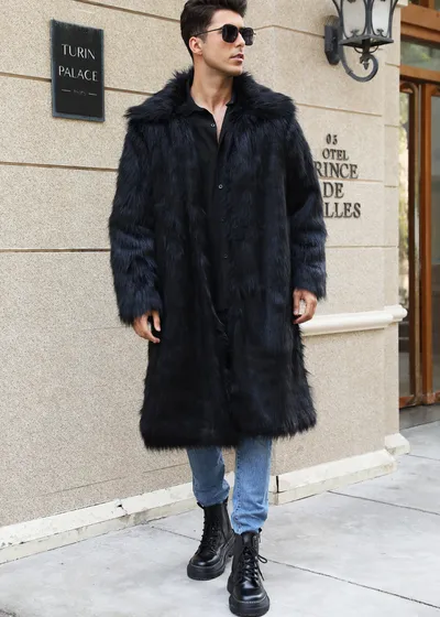 European And American Fall Winter Men Long Imitation Fur Coat Popular Men's Imitation Fox Fur Warm Coat