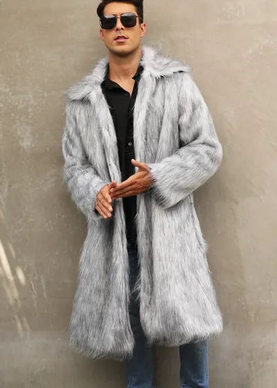 European And American Fall Winter Men Long Imitation Fur Coat Popular Men's Imitation Fox Fur Warm Coat