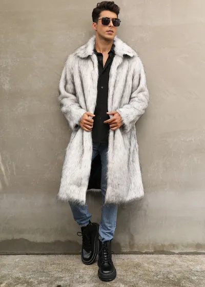 European And American Fall Winter Men Long Imitation Fur Coat Popular Men's Imitation Fox Fur Warm Coat