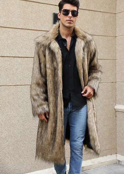 European And American Fall Winter Men Long Imitation Fur Coat Popular Men's Imitation Fox Fur Warm Coat