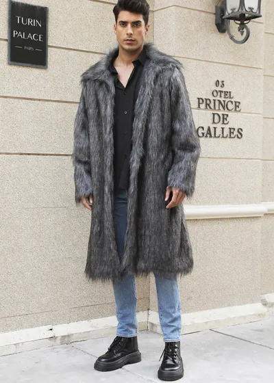 European And American Fall Winter Men Long Imitation Fur Coat Popular Men's Imitation Fox Fur Warm Coat