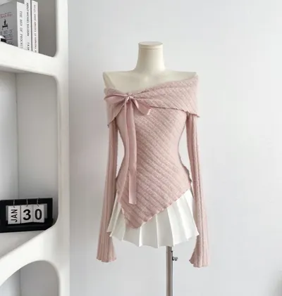 Off-shoulder Bow Lazy Sweater Women