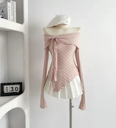 Off-shoulder Bow Lazy Sweater Women