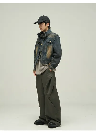 Fake Two-piece Motorcycle Denim Coat Men's Washed Distressed Jacket